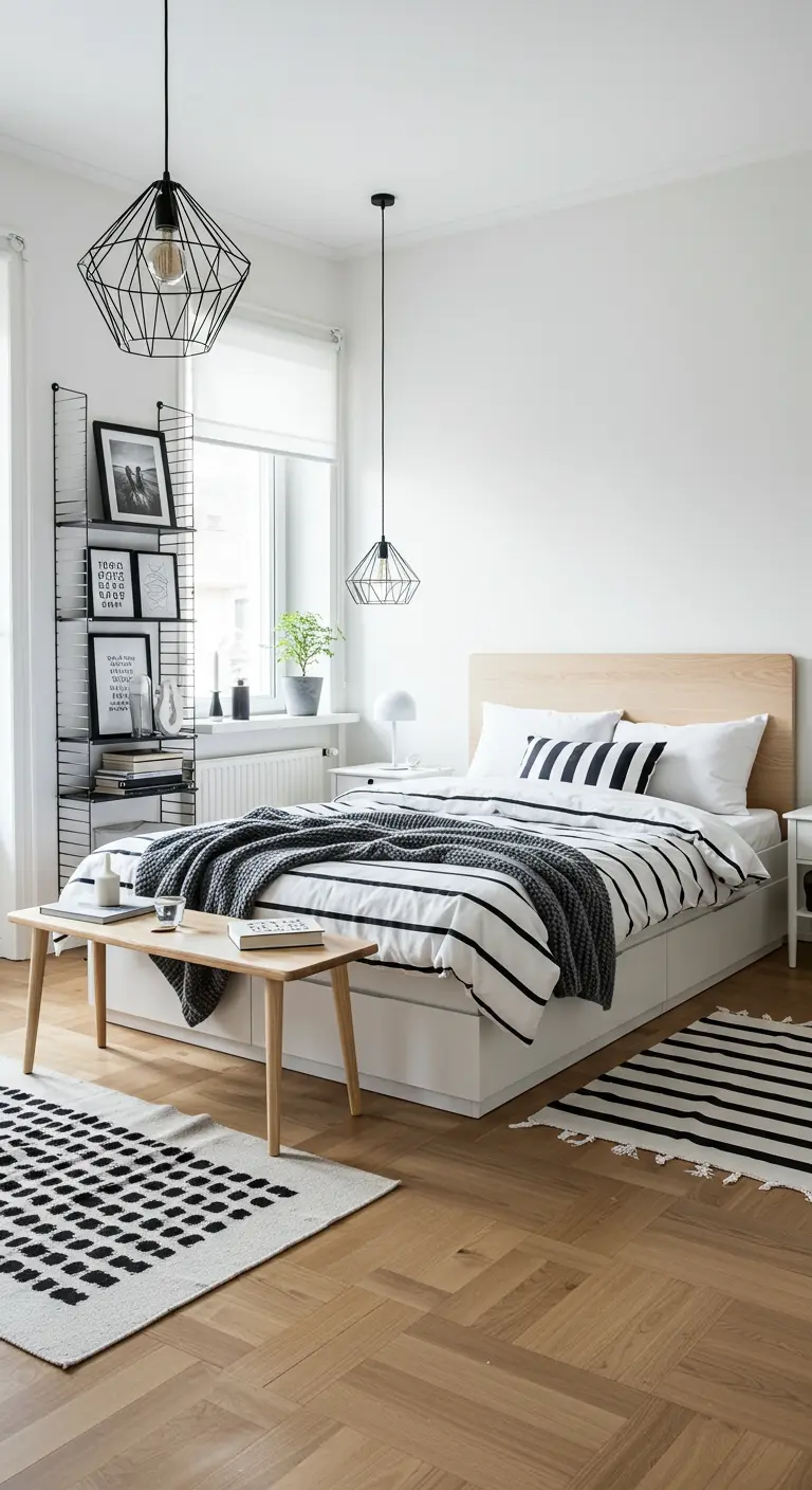 Scandinavische slaapkamer met lichte houten vloer, zwart-wit textiel en draadlampen.