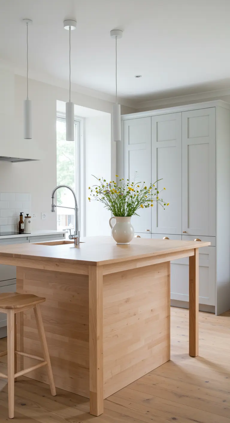 Lichte keuken met houten kookeiland, witte minimalistische hanglampen en een vaas met bloemen.