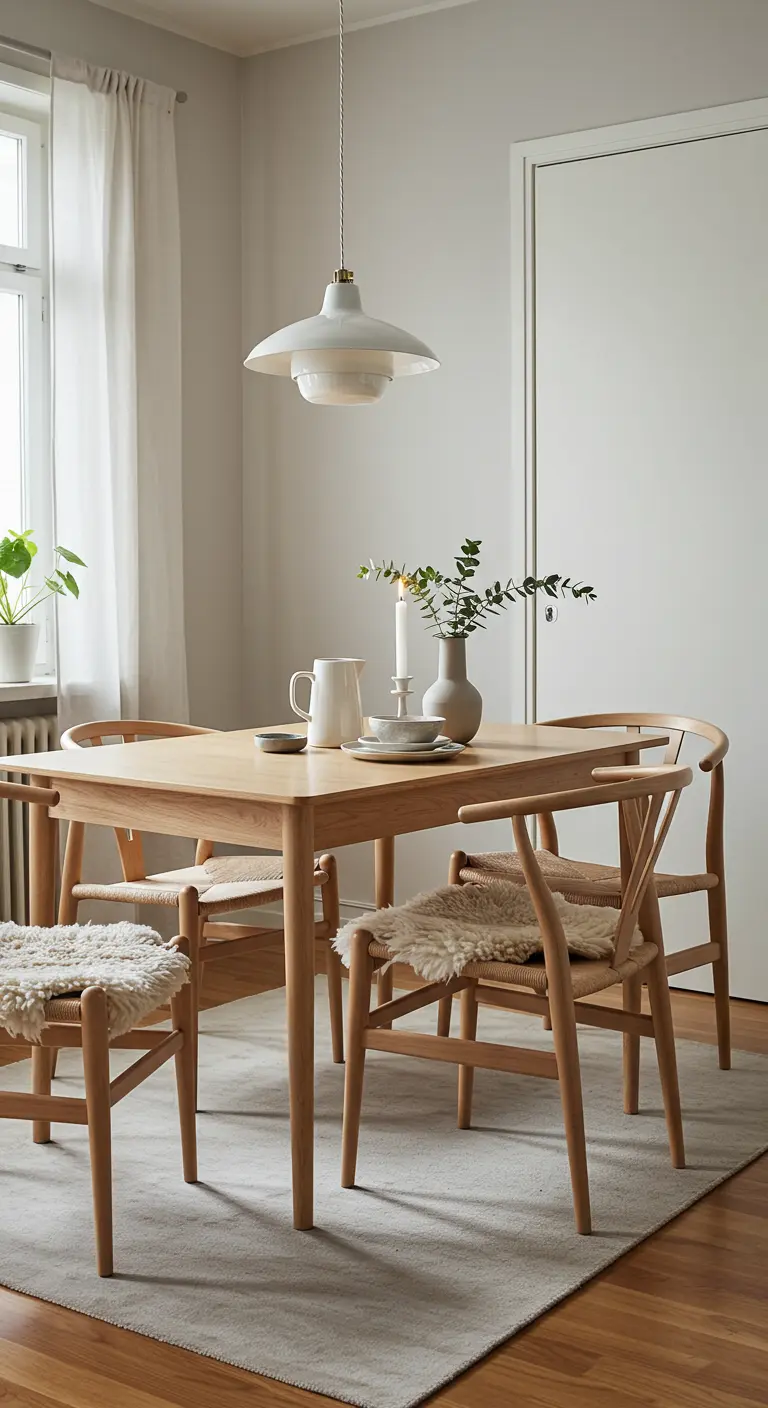 Lichte houten eettafel met bijpassende stoelen en schapenvachtjes in Scandinavische stijl.