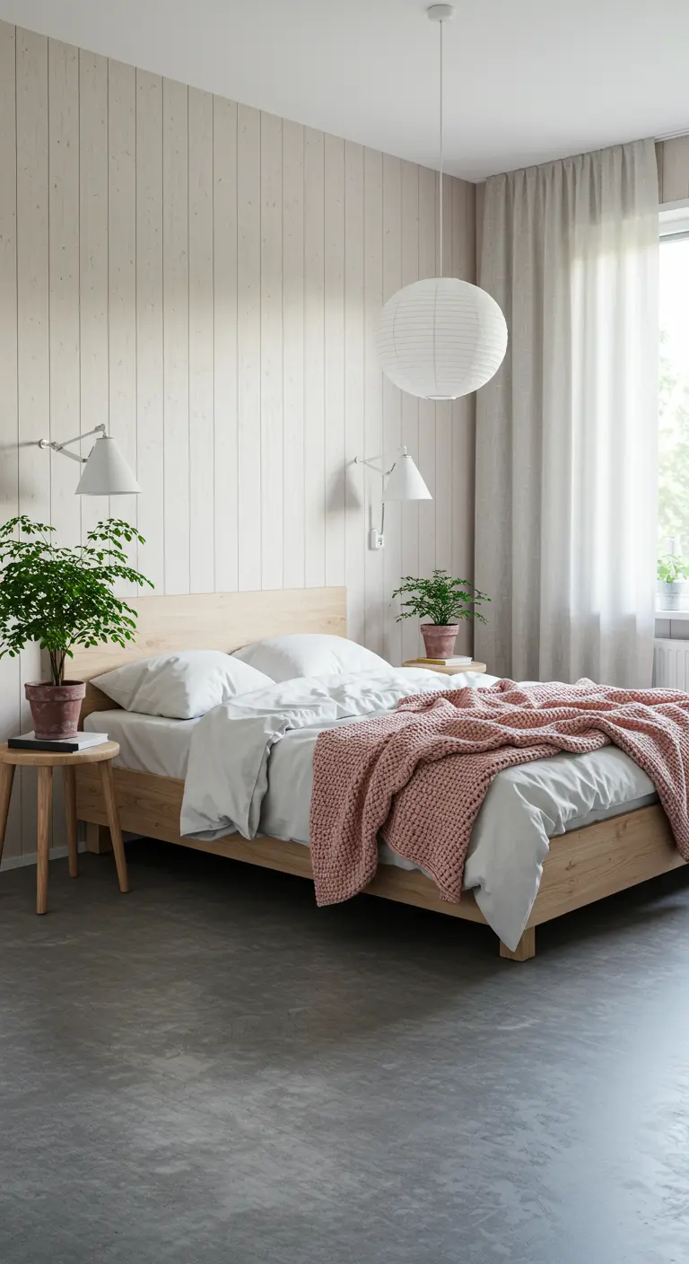 Lichte slaapkamer met betonnen vloer, houten bed en roze accenten.