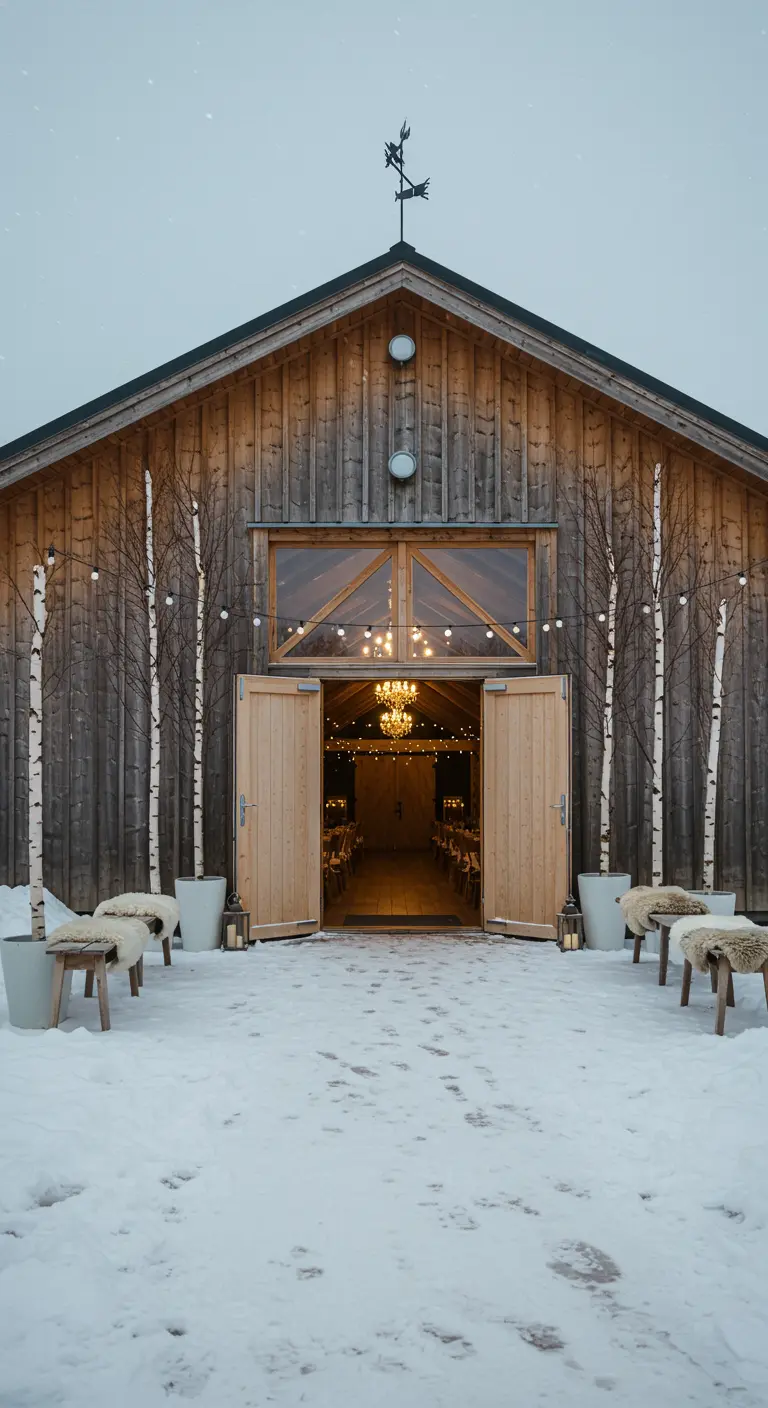 Besneeuwde schuur entree met berkenbomen, lichtjes en zicht op kroonluchter binnen.