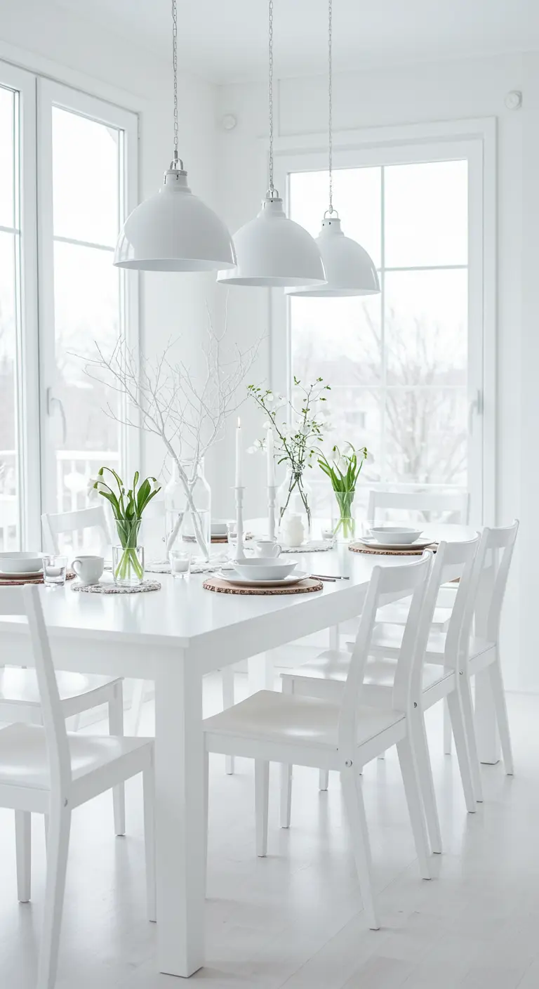 Witte eetkamer met moderne lampen, witte takken en groene plantjes.