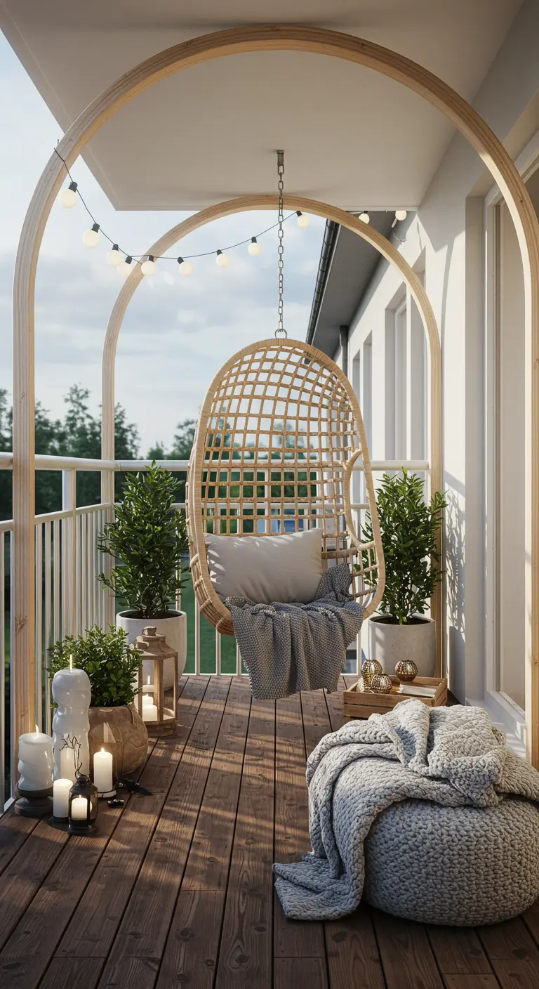Rotan hangstoel onder een lichte houten boog op een balkon met Scandinavische styling.