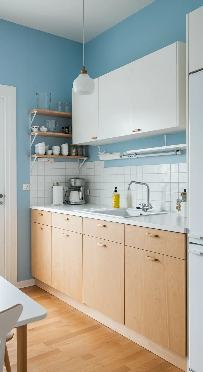 Scandinavische keuken met lichte houten kasten, lichtblauwe muur en witte tegels.