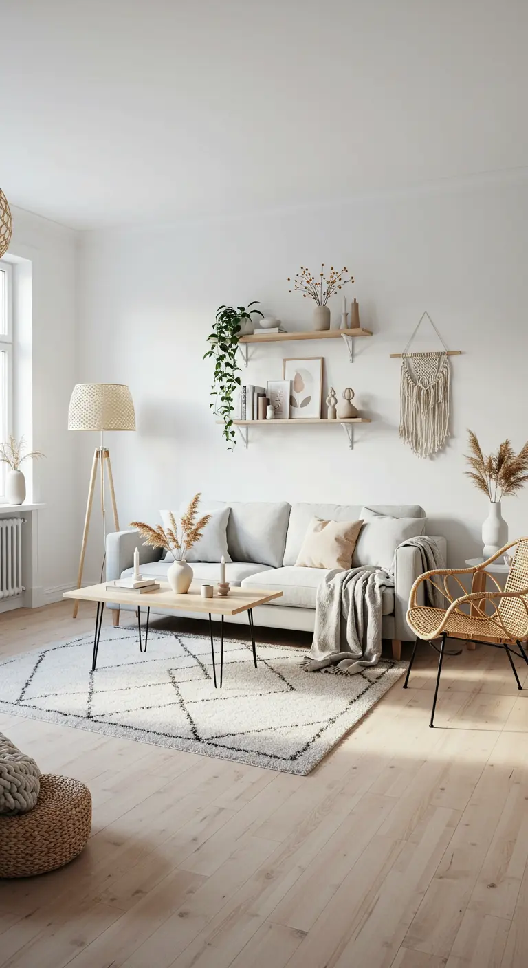 Lichte woonkamer met witte bank, macramé, droogbloemen en rotan stoel.