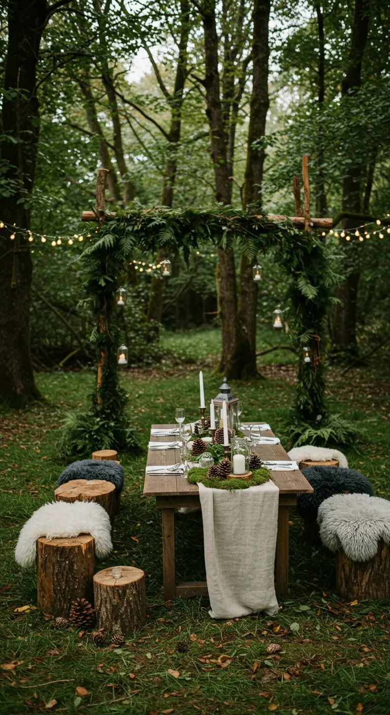 Bosachtige setting met houten tafel, boomstamkrukjes met vachtjes en mosdecoratie.
