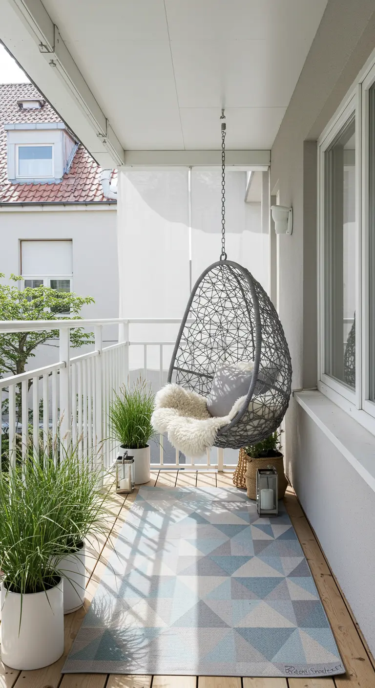 Scandinavisch balkon met grijze hangstoel, geometrisch kleed en siergrassen.