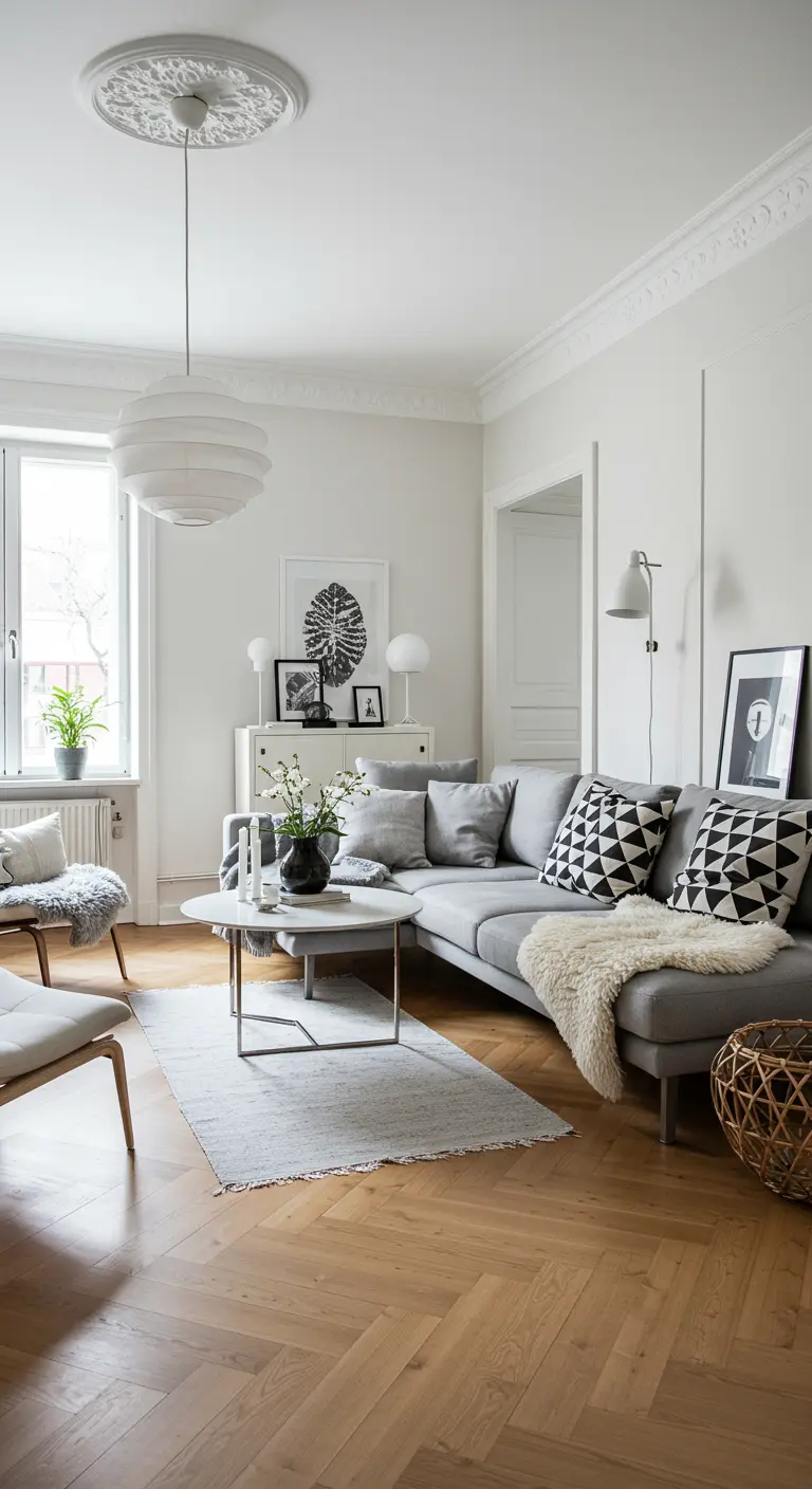 Lichte Scandinavische woonkamer met grijze hoekbank, geometrische kussens en houten visgraatvloer.