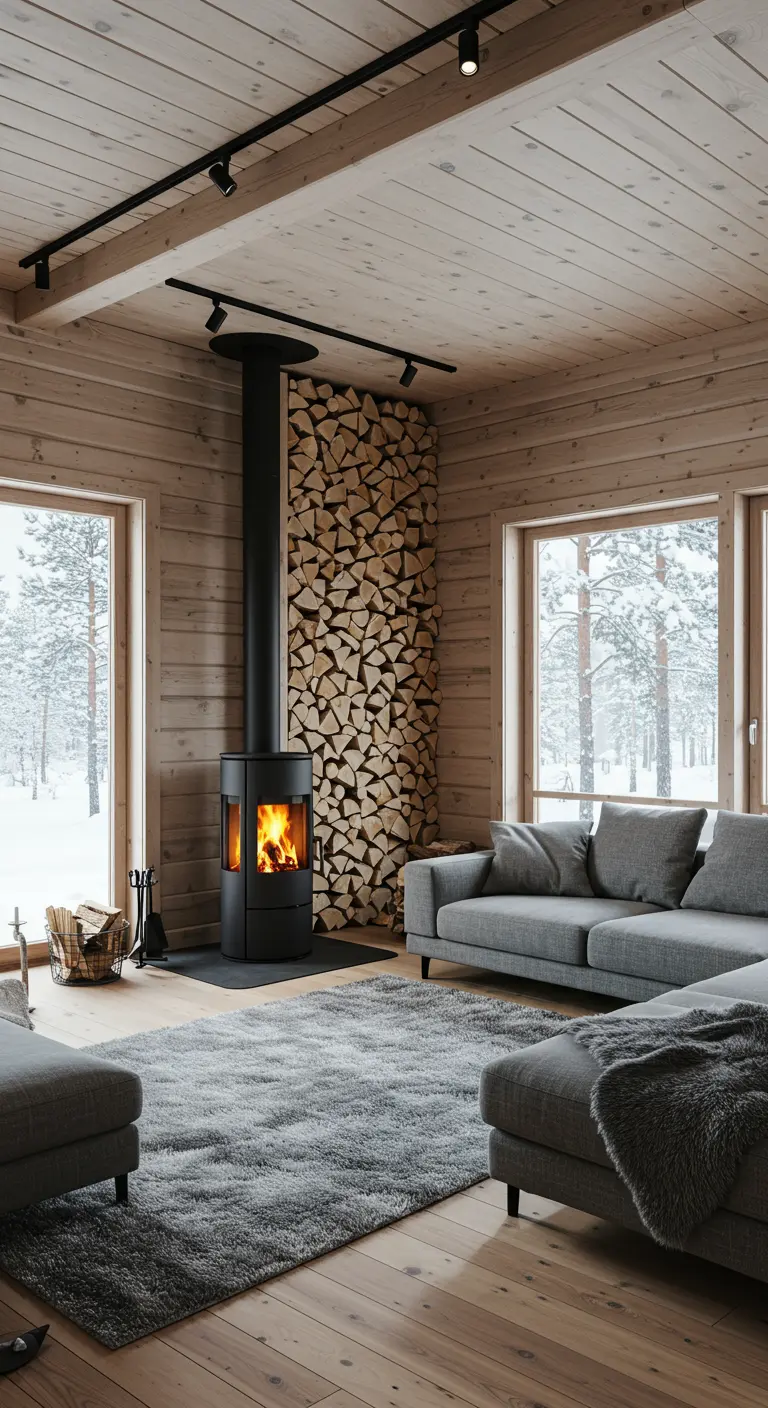 Scandinavische chalet-stijl woonkamer met houtkachel en hoge, decoratieve houtopslag.