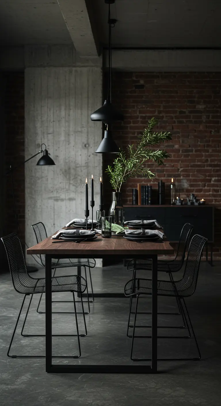Donkere, minimalistische eetkamer met zwarte stoelen, houten tafel, en groene takken.