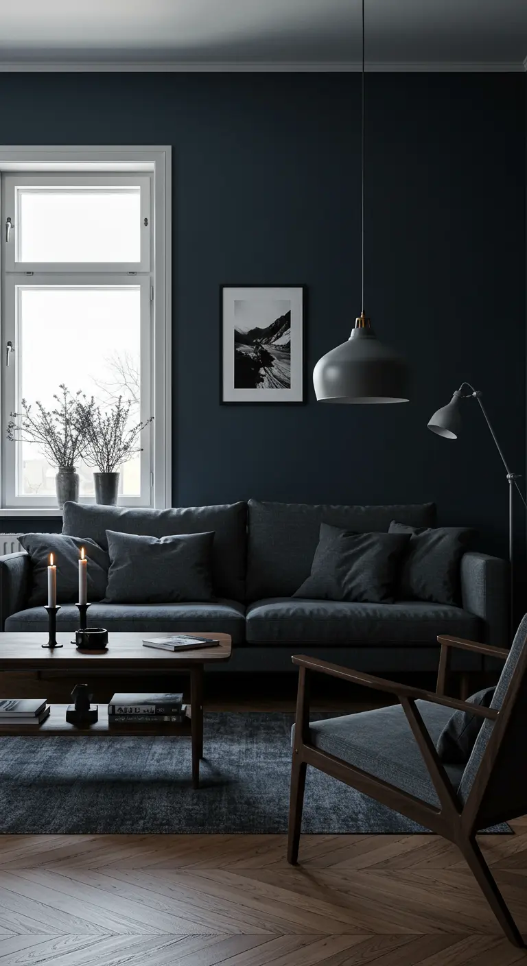 Donkere Scandinavische woonkamer met nachtblauwe muren en grijze accenten.