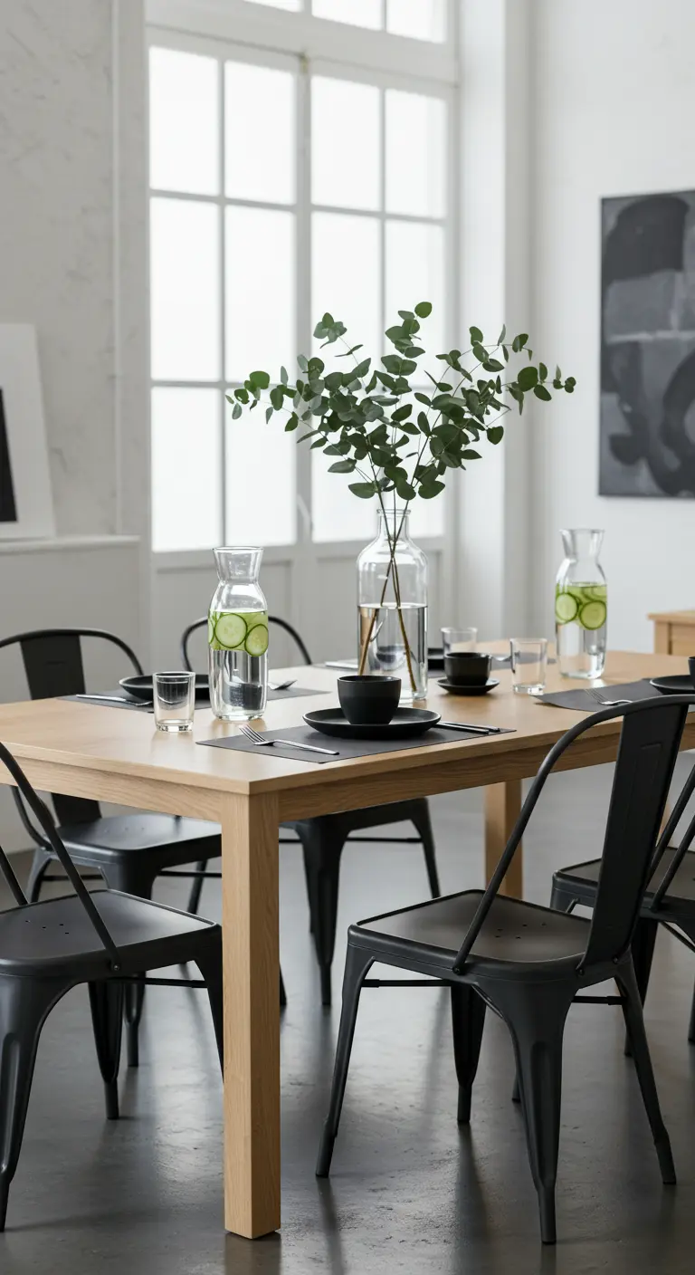 Moderne eettafel met zwarte stoelen, eucalyptus en waterkaraffen.