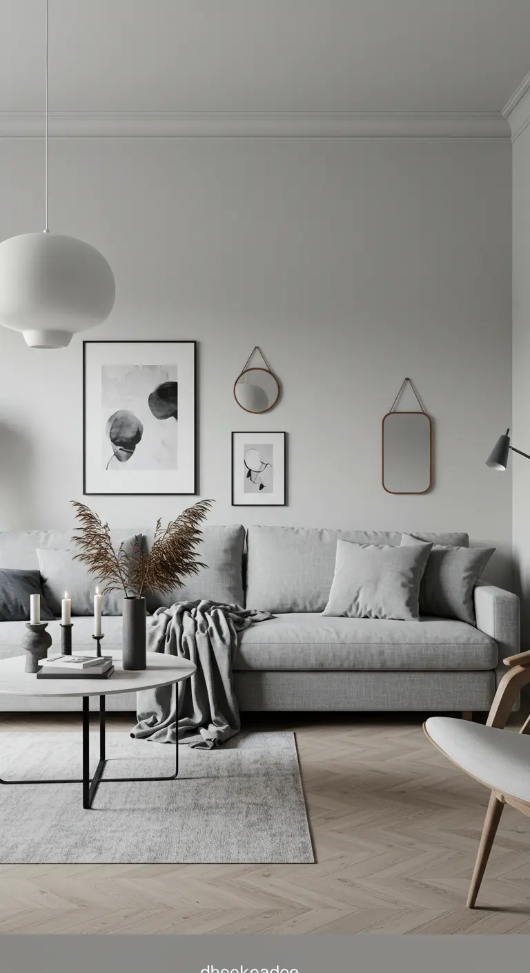 Scandinavische woonkamer in lichtgrijs en middengrijs met houten accenten en planten.