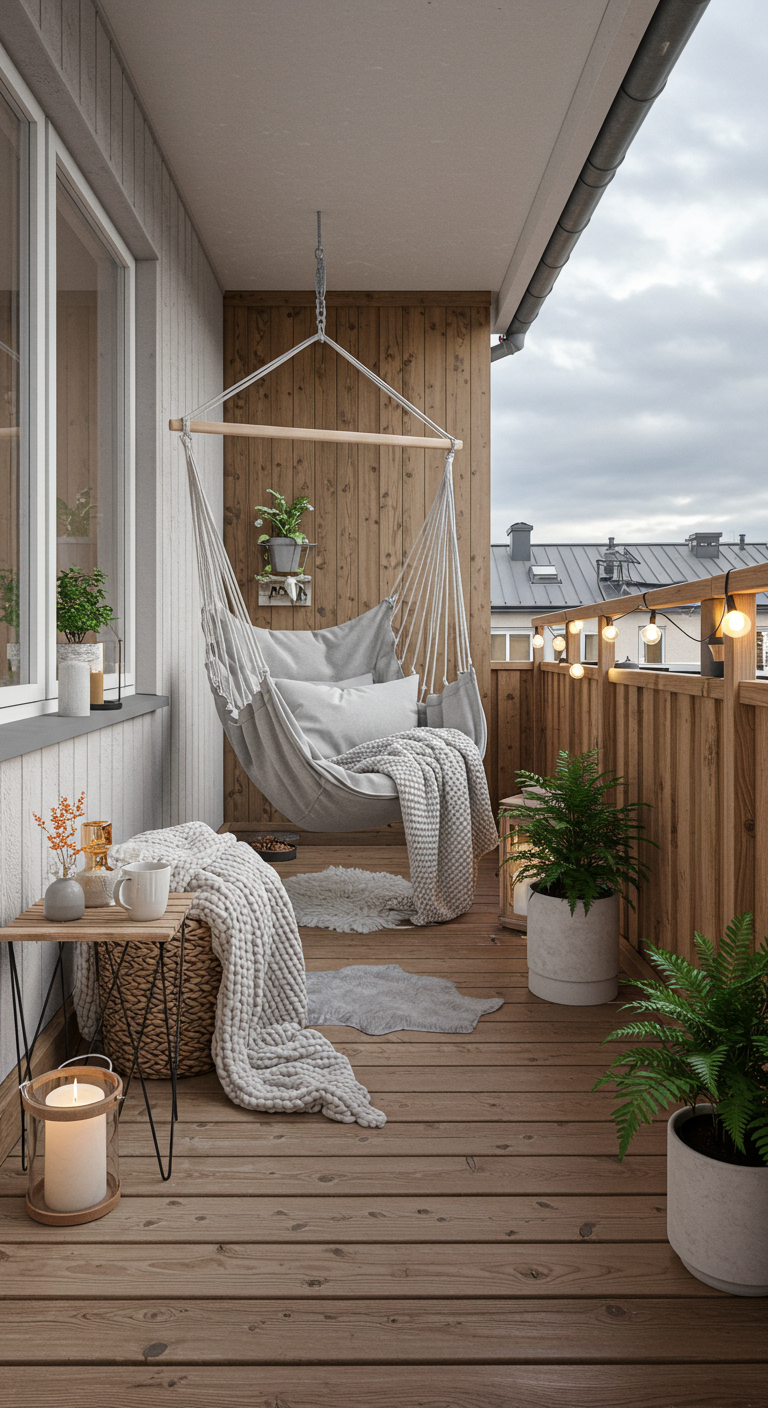 Lichtgrijze hangstoel op houten balkon met plaids, lantaarns en lichtsnoer.
