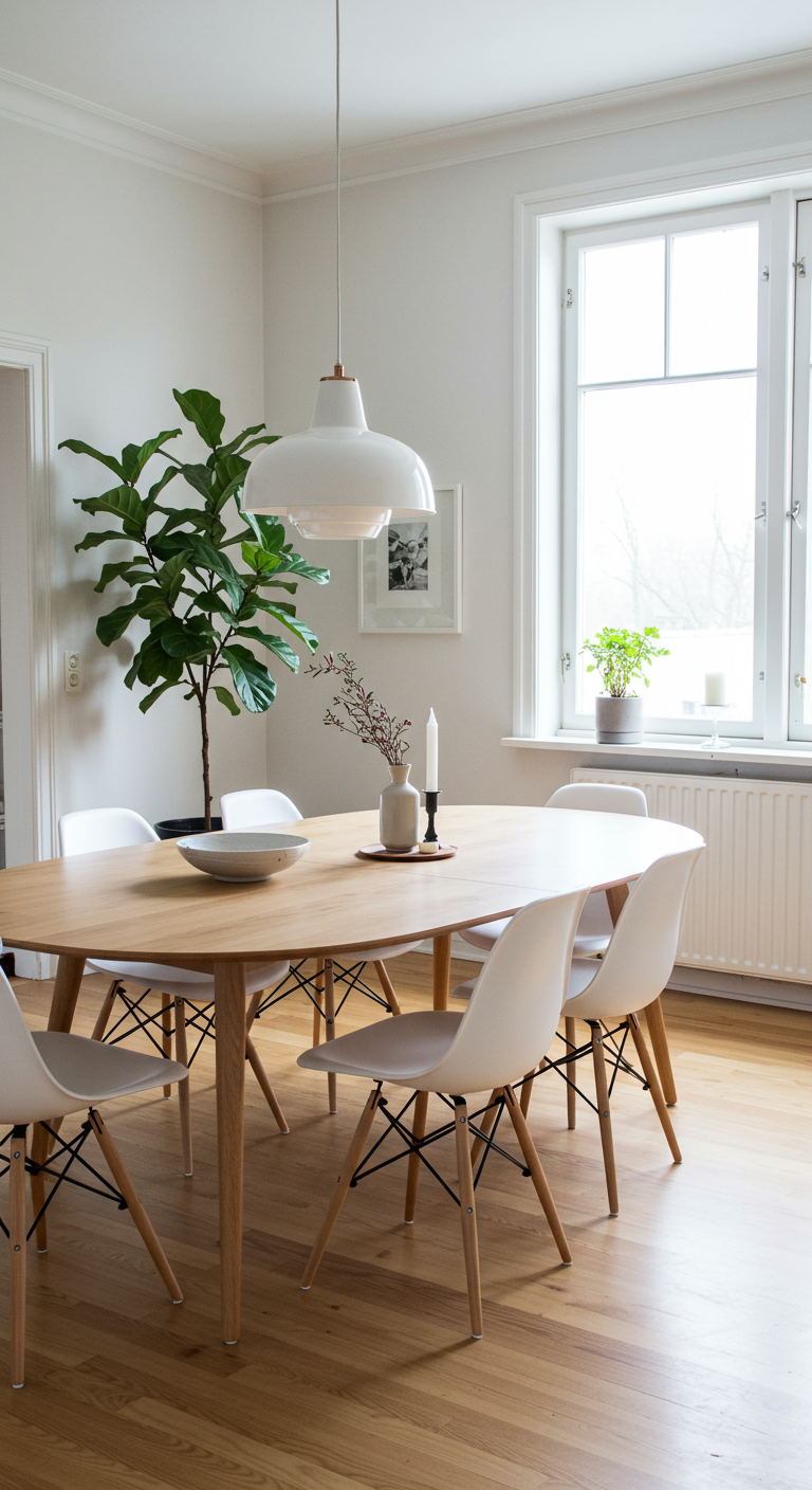 Scandinavische eethoek met ovale lichte houten tafel en witte stoelen.