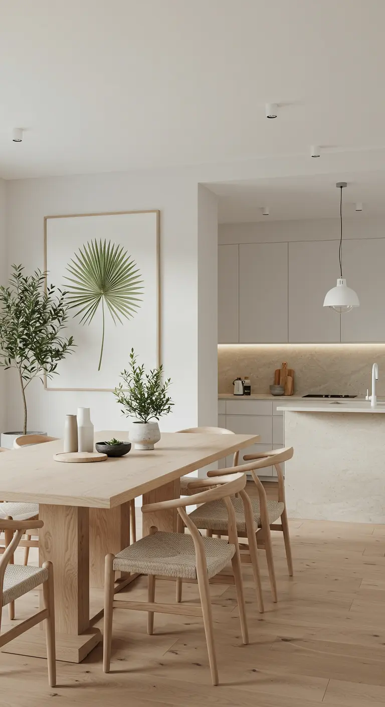 Lichte Scandinavische eetkamer met houten tafel, stoelen, een grote palmbladprint, een olijfboom en een minimalistische hanglamp.