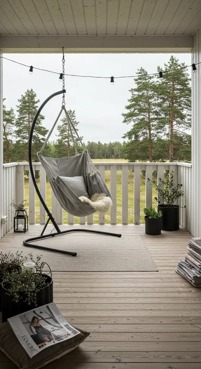 Grijze hangstoel op lichte Scandinavische veranda met houten vloer en lichtsnoer.