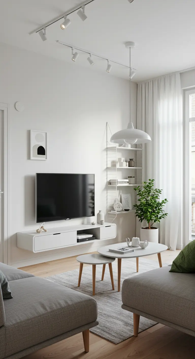 Scandinavische TV-hoek met witte muren, zwevend meubel en lichte kleuren.