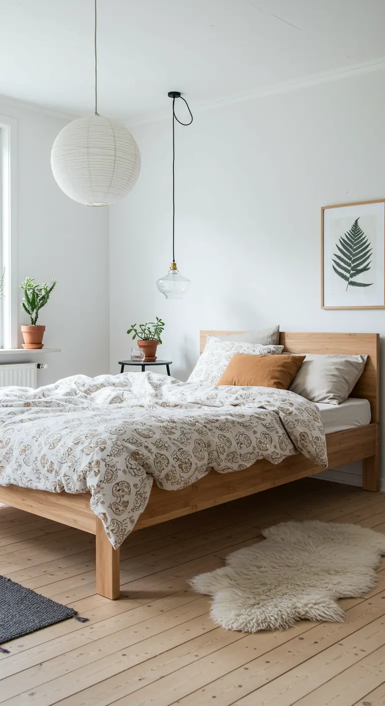 Lichte Scandinavische slaapkamer met houten bed en beddengoed met patroon.