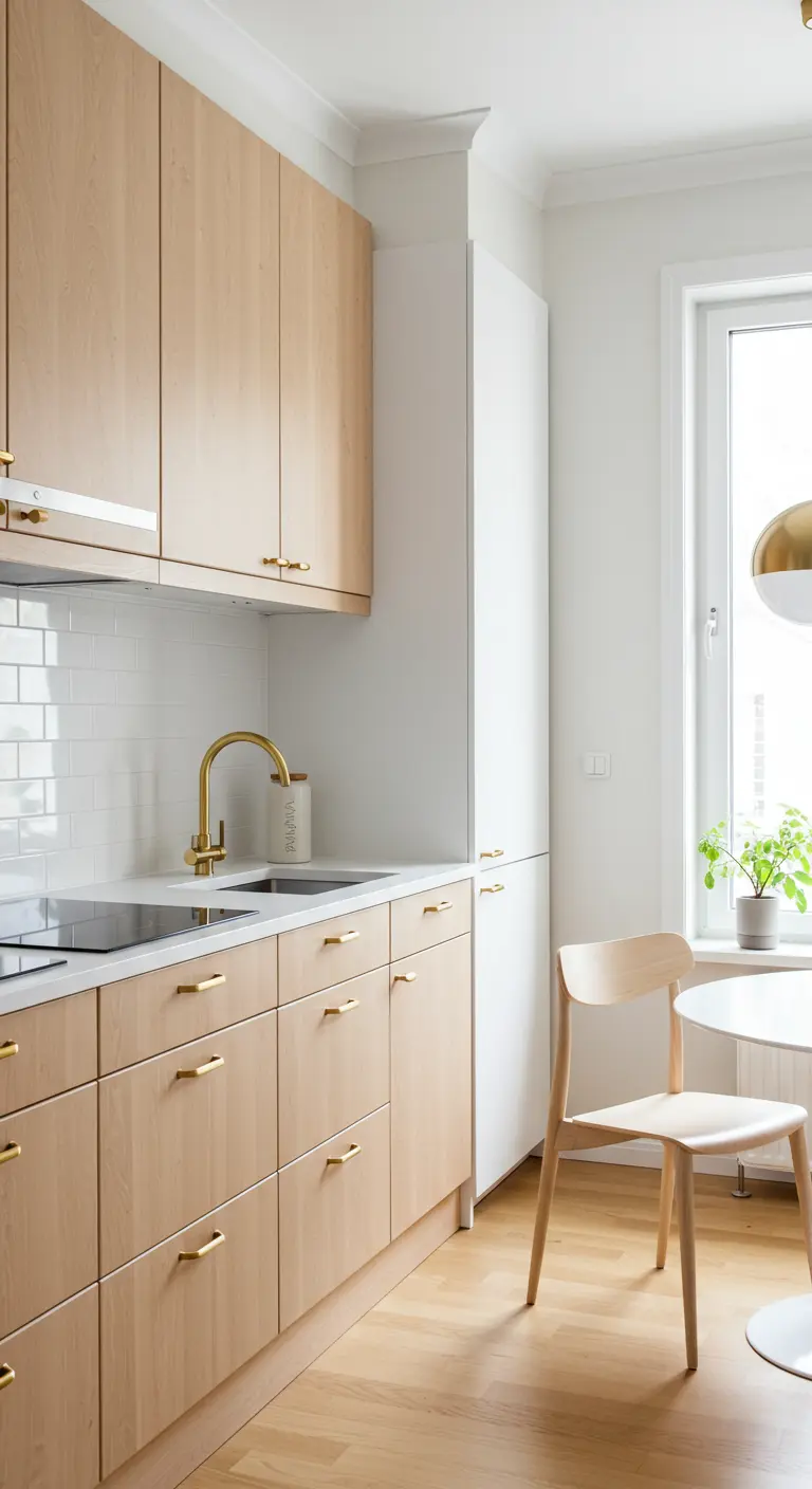 Lichte houten keuken met witte bovenkasten, gouden handgrepen en een gouden kraan.
