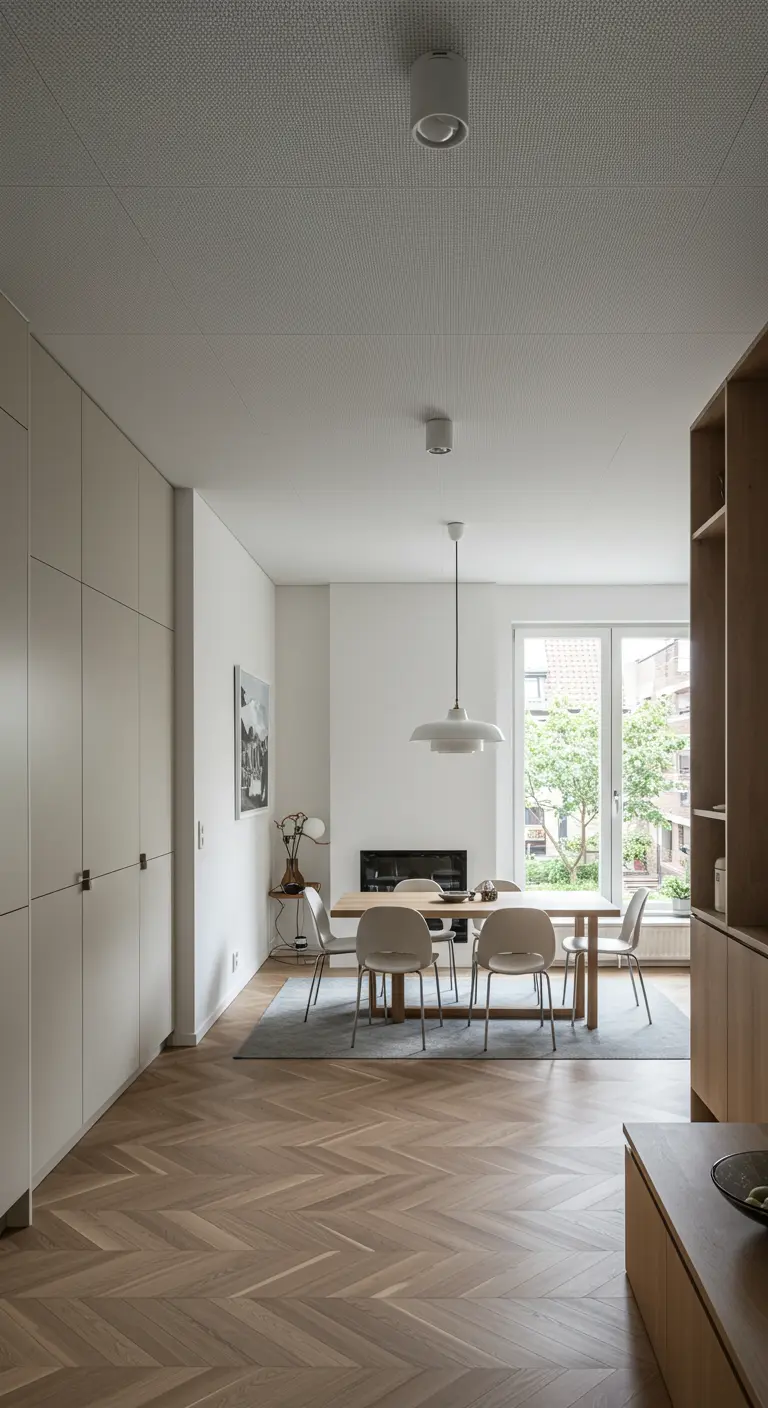 Lichte, minimalistische open keuken met visgraatvloer en eethoek bij het raam.