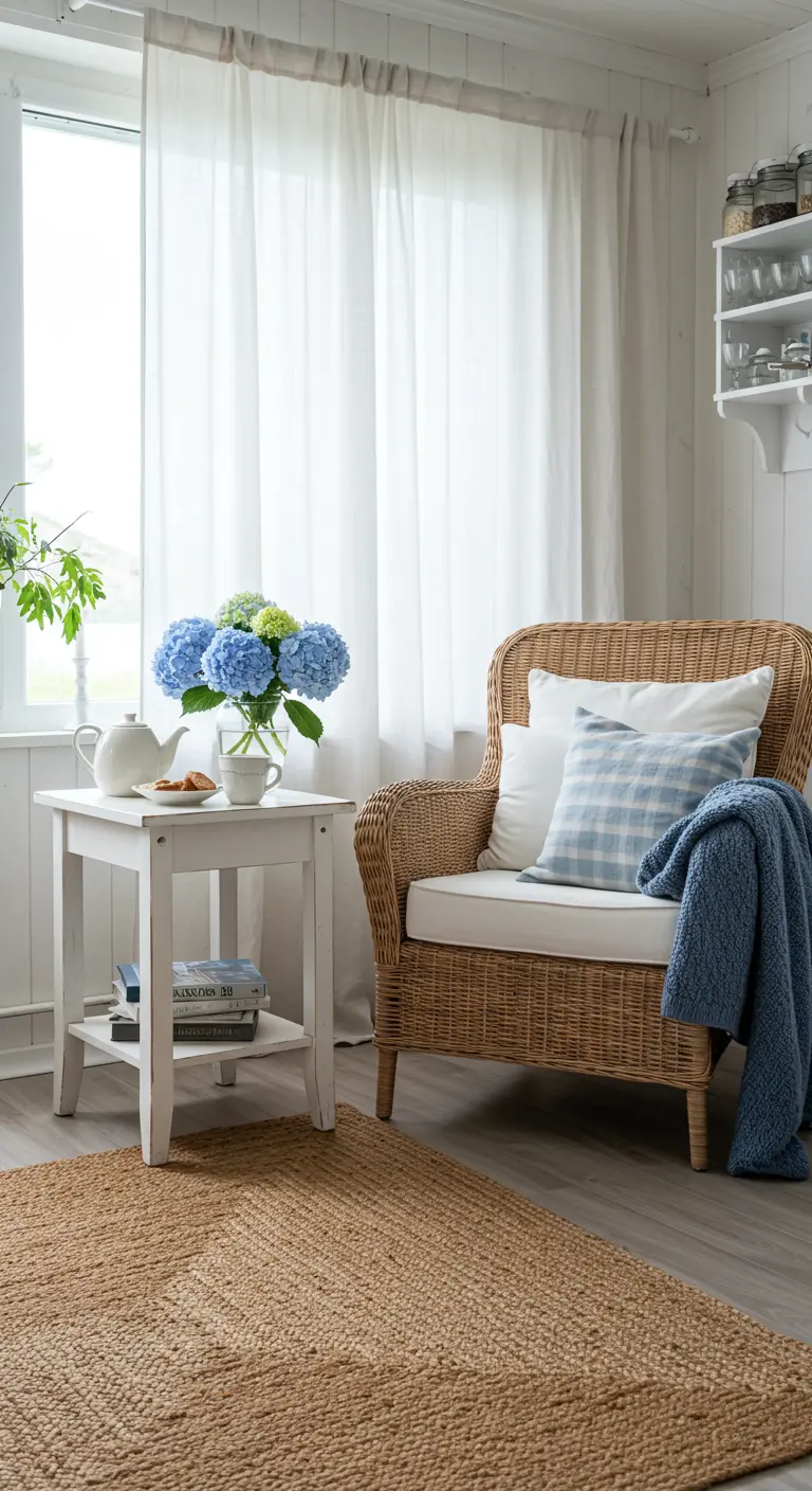 Licht theehoekje met rotan stoel, wit tafeltje, hortensia's en jute kleed.