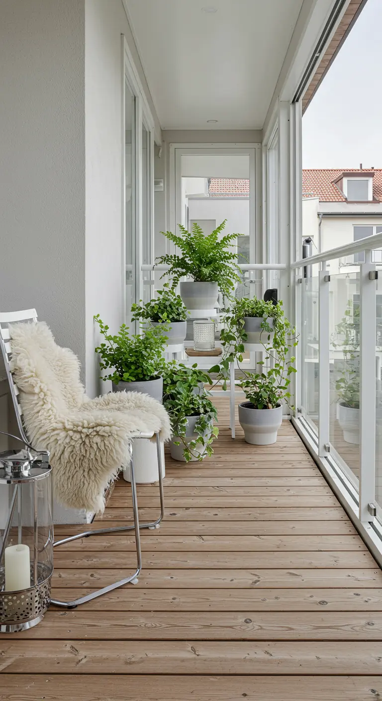 Licht balkon met wit plantenrek, witte stoel met schapenvacht en groene planten.