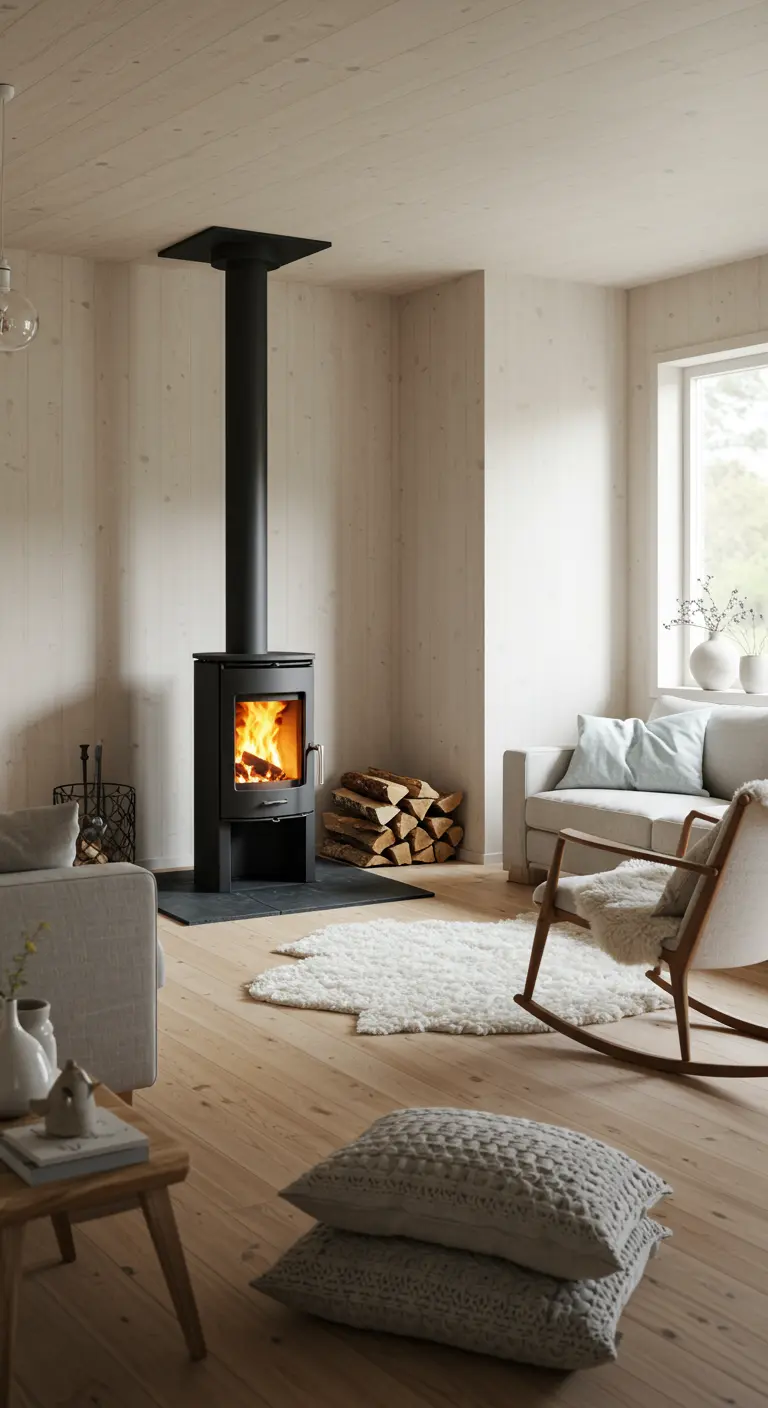 Lichte Scandinavische woonkamer met zwarte houtkachel en houten vloer.