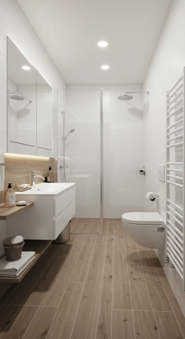 Lichte badkamer met houtlook vloertegels en witte wanden.