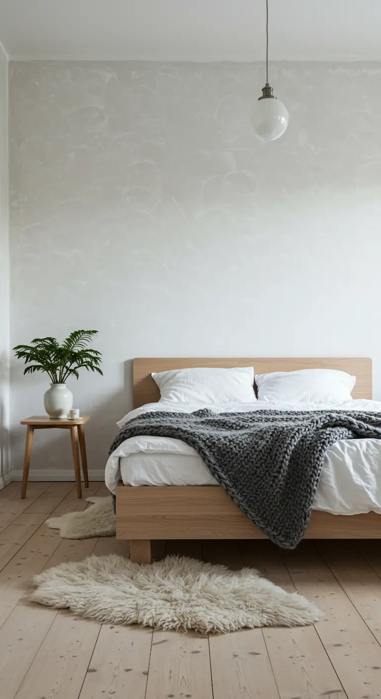 Lichte Scandinavische slaapkamer met structuurmuur, grijs gebreid deken en schapenvachtjes.