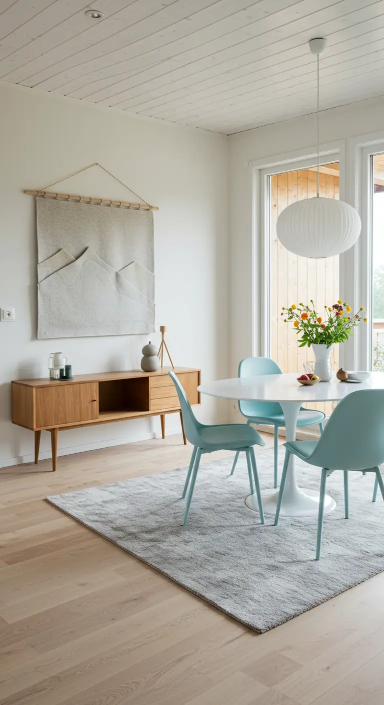 Scandinavische eethoek met minimalistisch wandkleed, witte tafel en pastelblauwe stoelen.