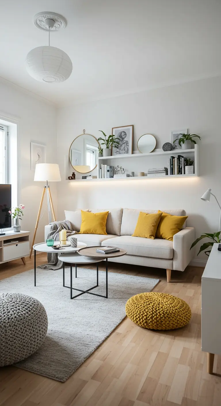 Scandinavische woonkamer met lichte bank, gele accenten en zwevende wandplank.