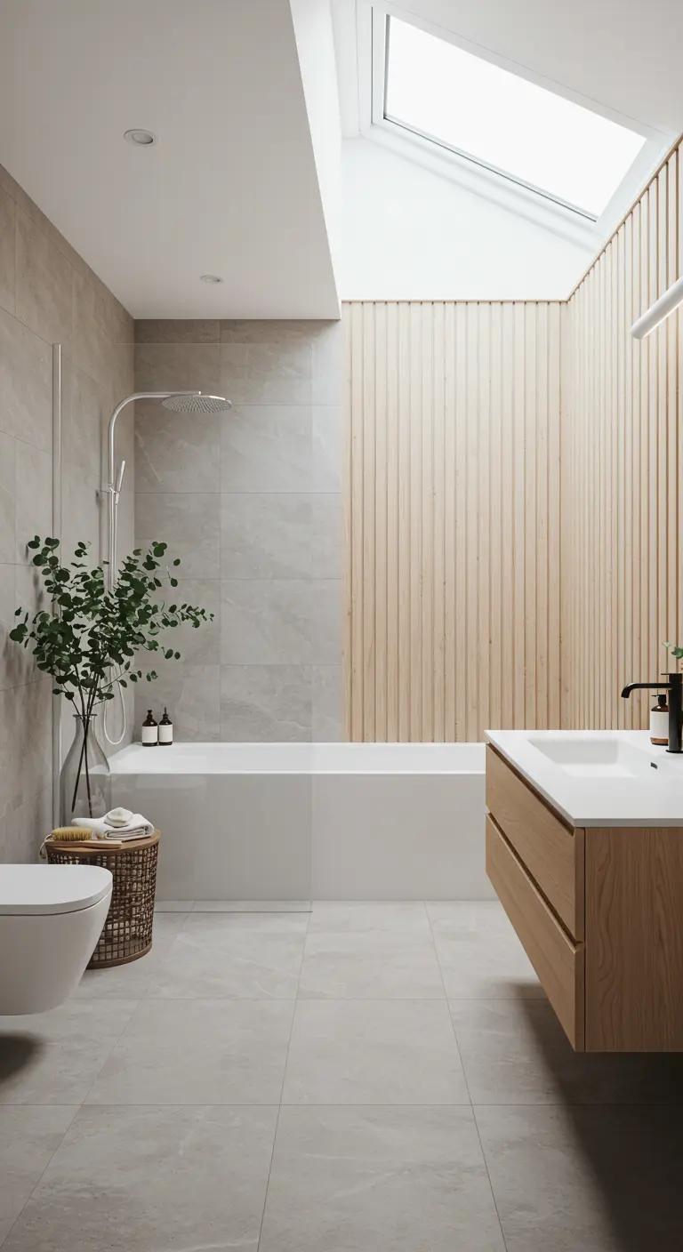 Lichte badkamer met grijze tegels, houten lamellenwand, dakraam en plant.
