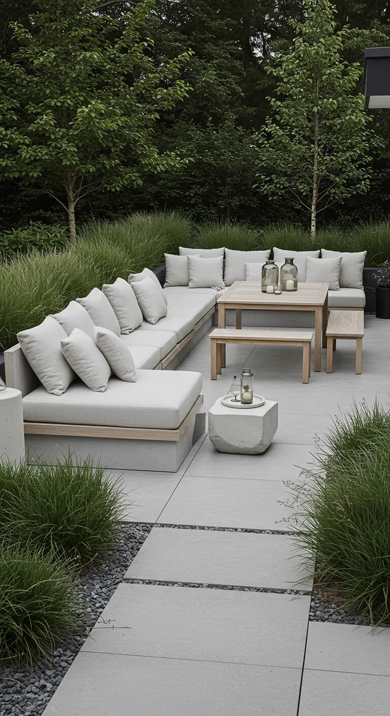 Grote tuin met een L-vormige houten loungehoek met crème kussens, stenen tegels, grind en planten.