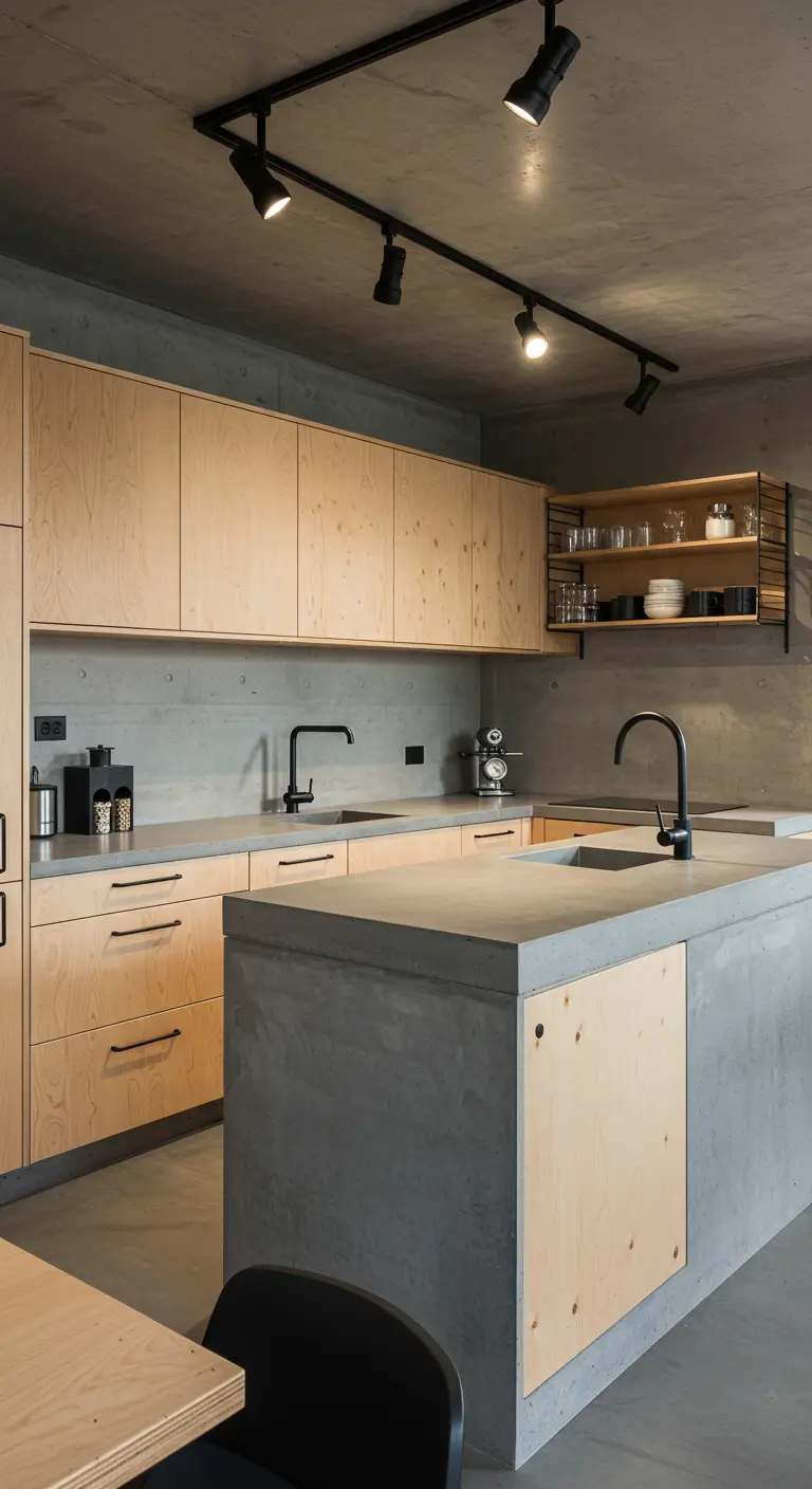 Lichte matte houten keuken met betonnen werkblad en zwarte accenten.
