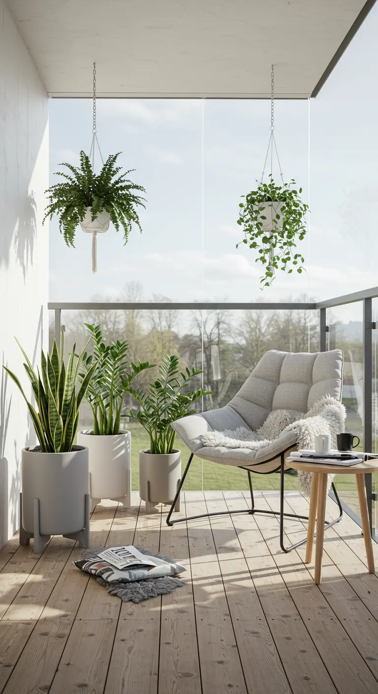 Moderne lichte fauteuil op houten balkon, met Sansevieria en hangende rankplanten.