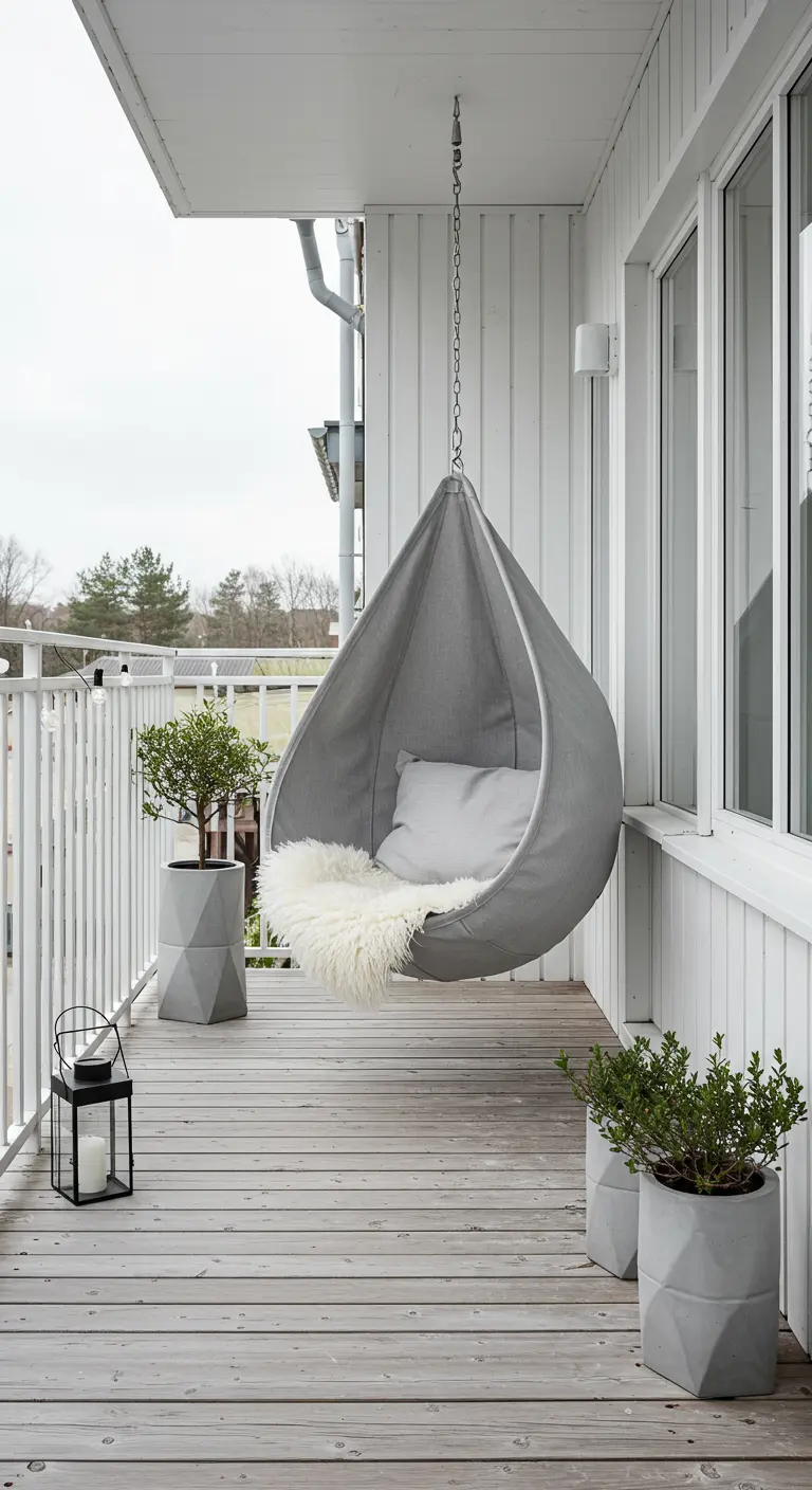 Grijze stoffen hangstoel op een balkon met een wit schapenvachtje en minimalistische plantenpotten.