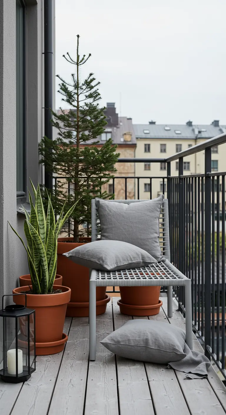 Moderne rieten stoel met grijze kussens, planten in terracotta potten op houten balkonvloer.