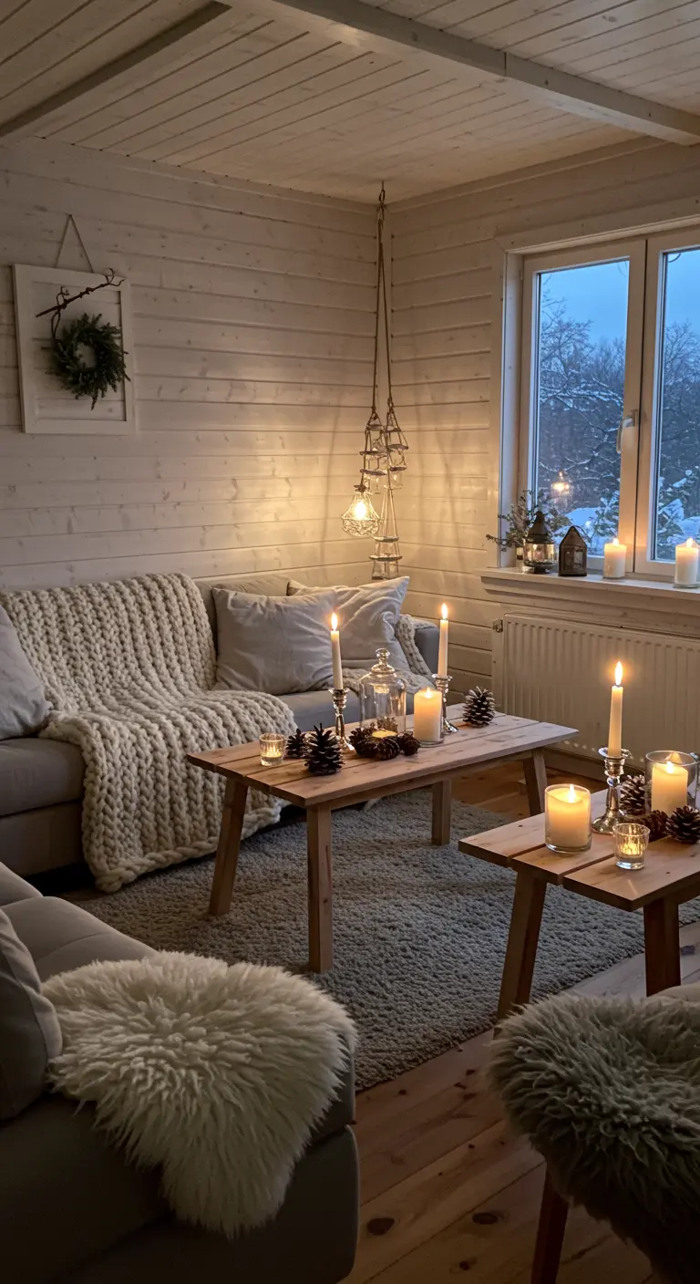 Gezellige woonkamer in Scandinavische stijl met witte houten wanden, plaids en veel kaarsen.