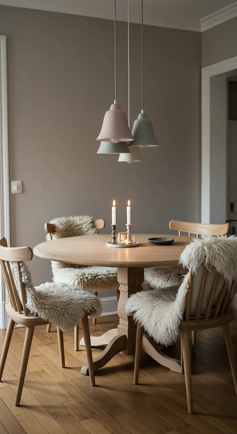 Drie pastelkleurige hanglampen boven een ronde houten eettafel met schapenvachtjes.