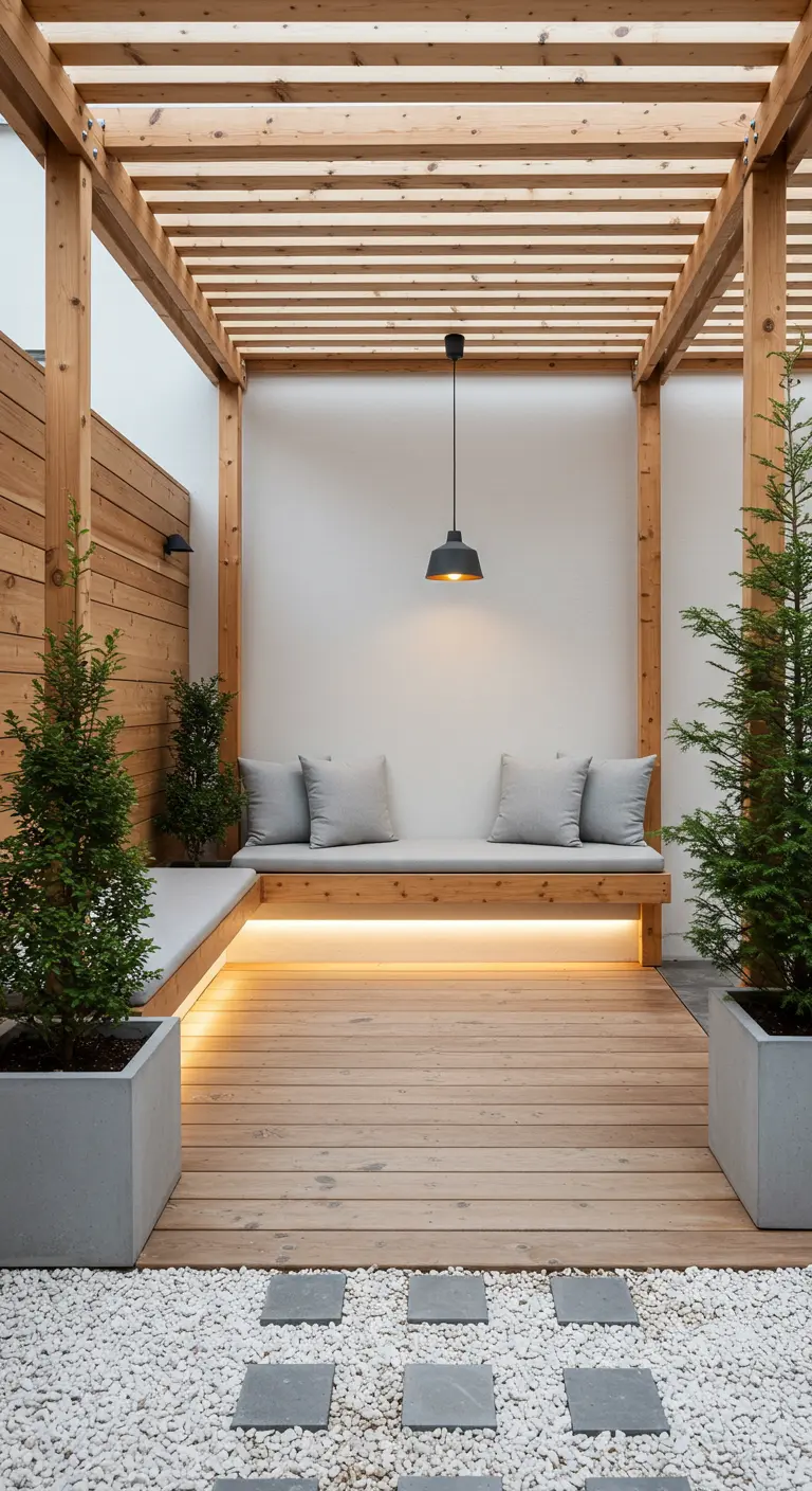 Minimalistische houten pergola met ingebouwde bank, witte muur, grijze kussens, en moderne plantenbakken.