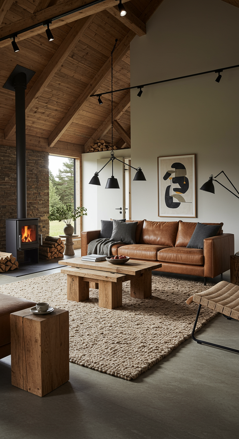 Scandinavisch-rustieke woonkamer met houten balken en een dik, naturelkleurig wollen vloerkleed.
