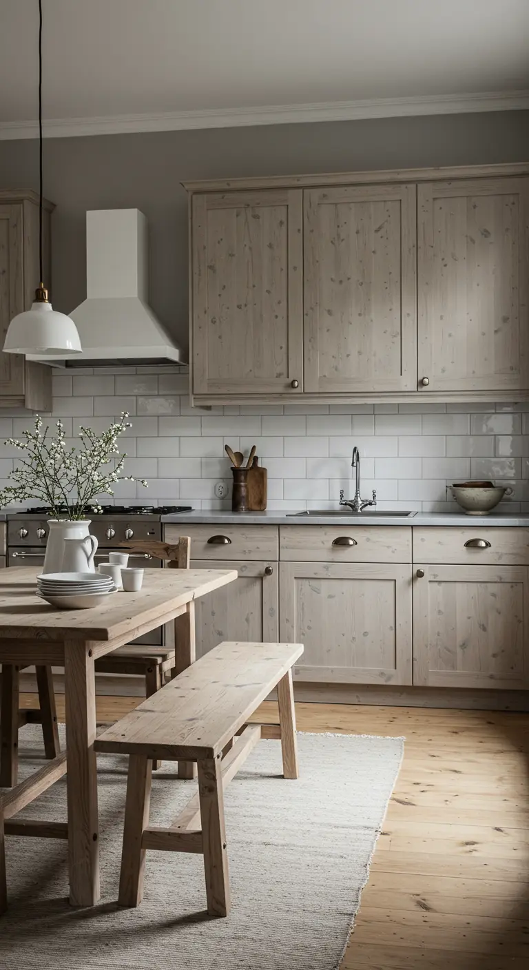 Scandinavische keuken met licht houten kasten, witte tegels, houten eettafel met bankje en minimalistische lamp.