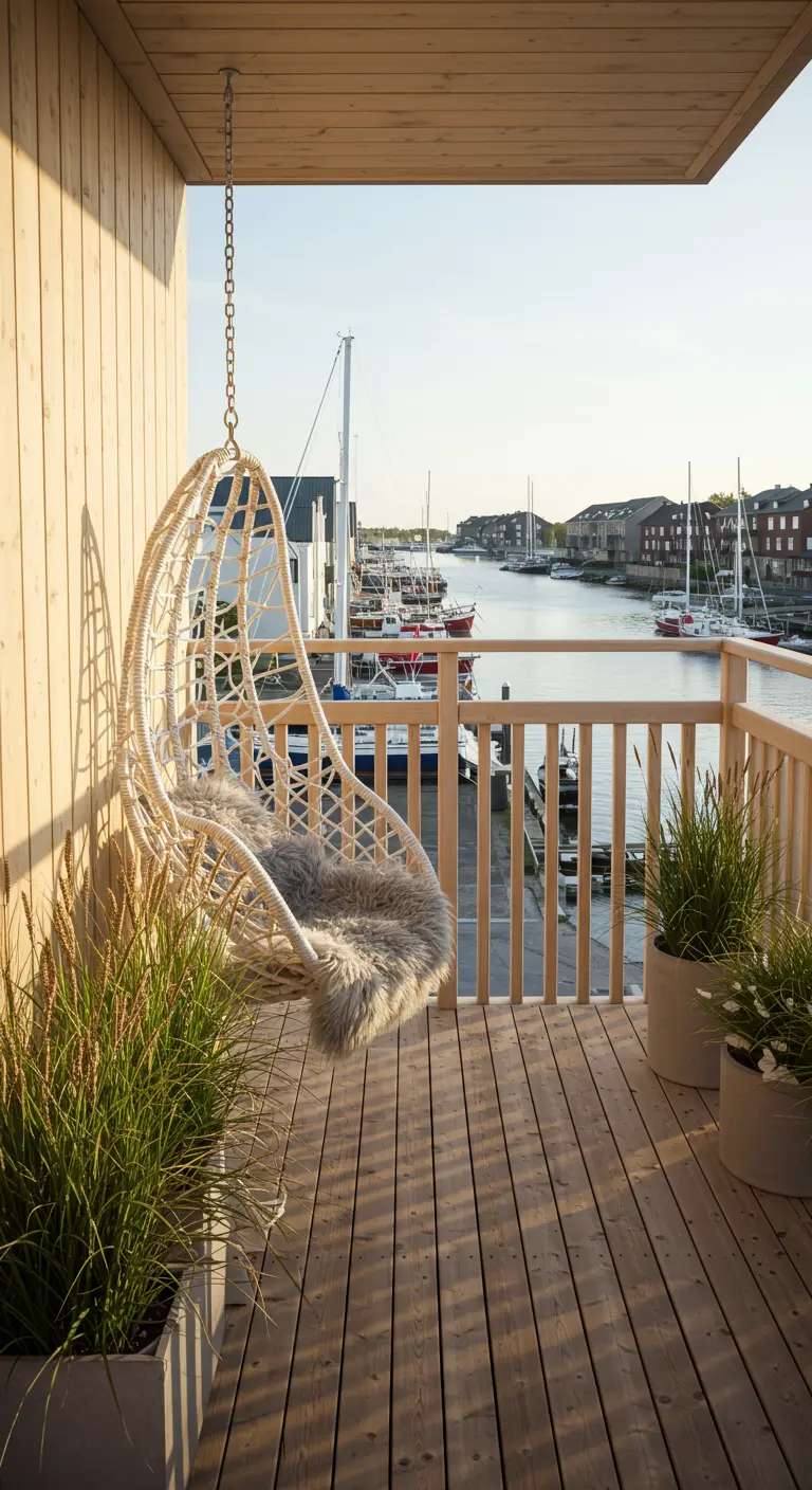 Witte rotan hangstoel op een houten balkon met uitzicht op een haven.