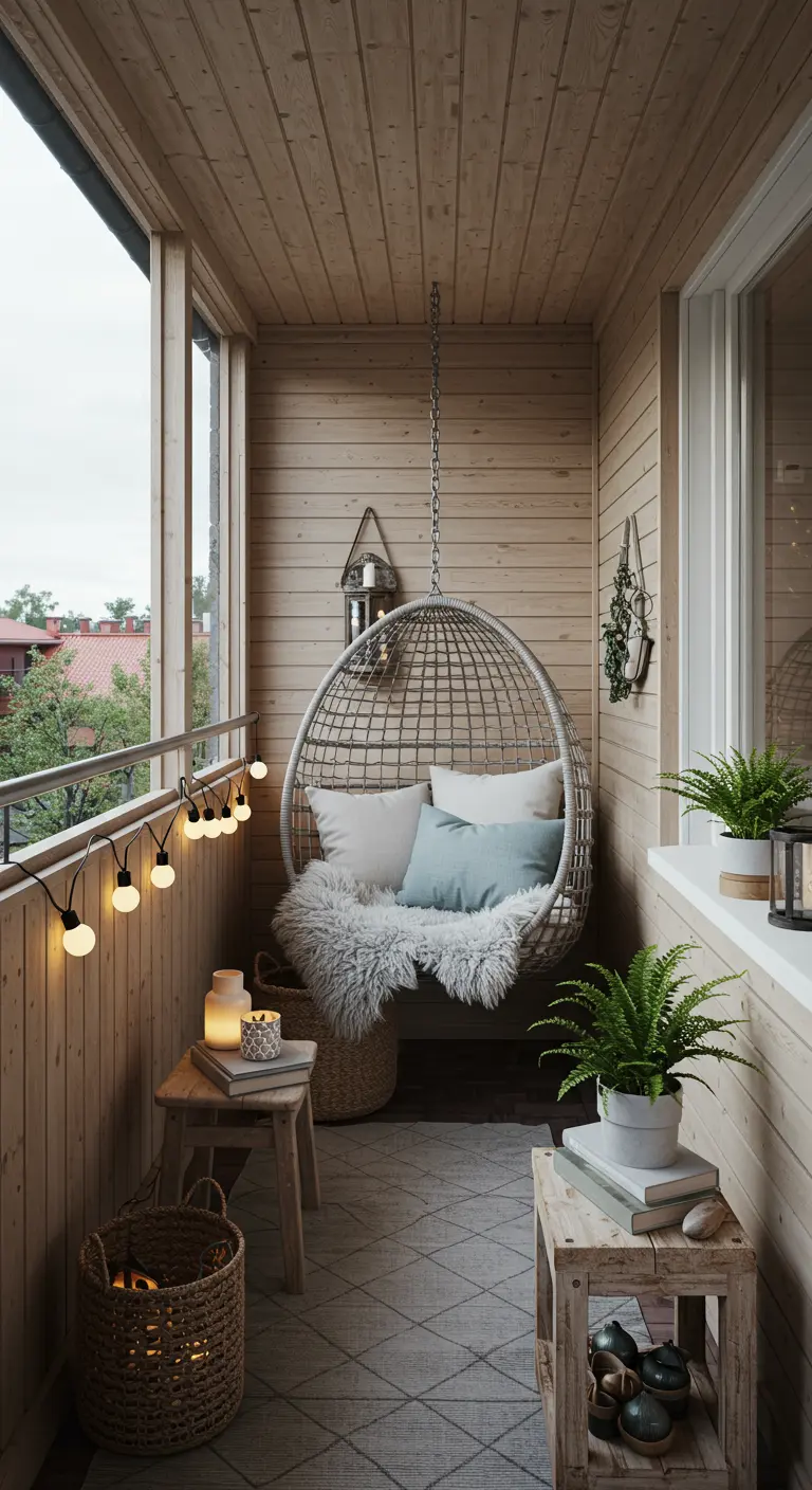 Lichte metalen hangstoel met kussens en vachtje op een houten balkon.