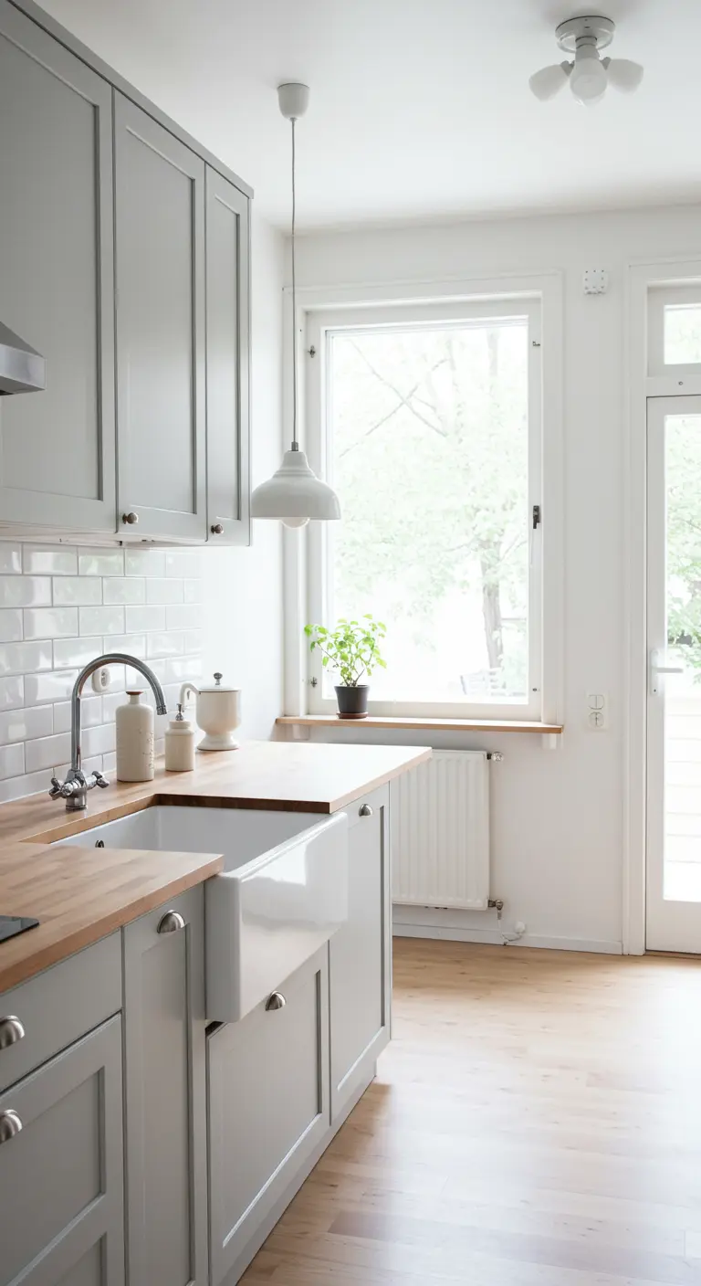 Lichte Scandinavische keuken met witte spoelbak, grijze kastjes en houten werkblad.