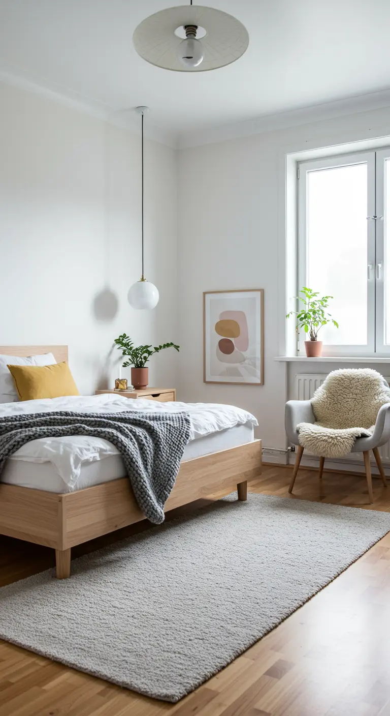 Minimalistische Scandinavische slaapkamer met licht houten bed en grijswit kleurenpalet.