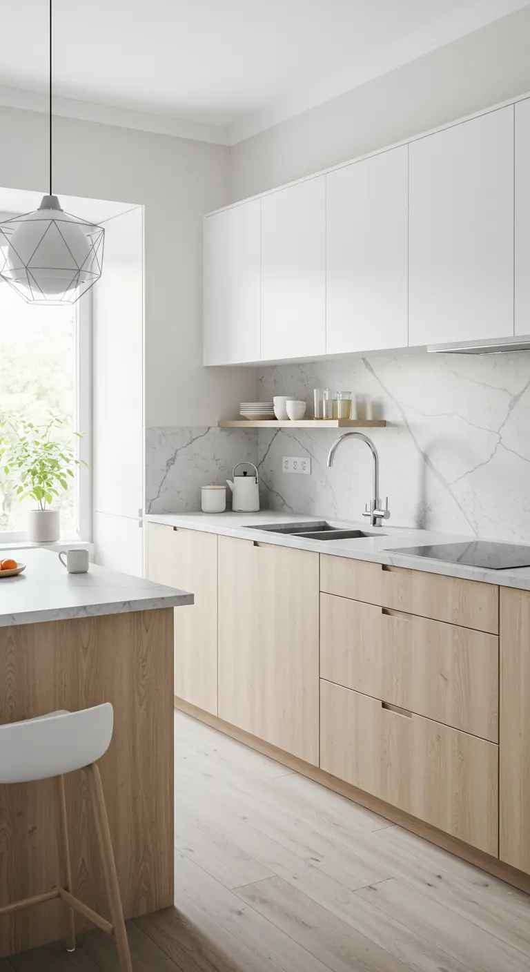 Lichte keuken met houten fronten, wit en een marmeren achterwand en werkblad.