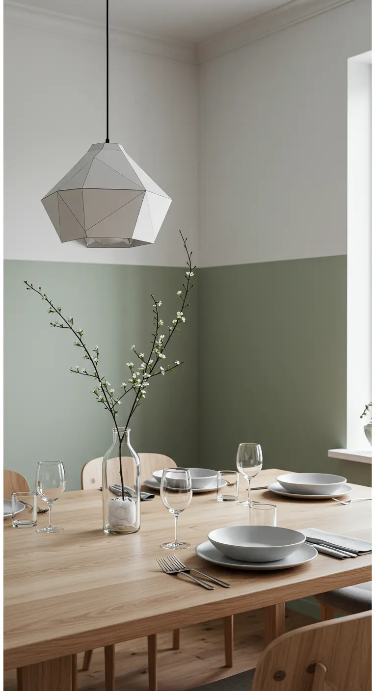 Modern minimalistisch gedekte tafel met geometrische lamp en bloesemtak.