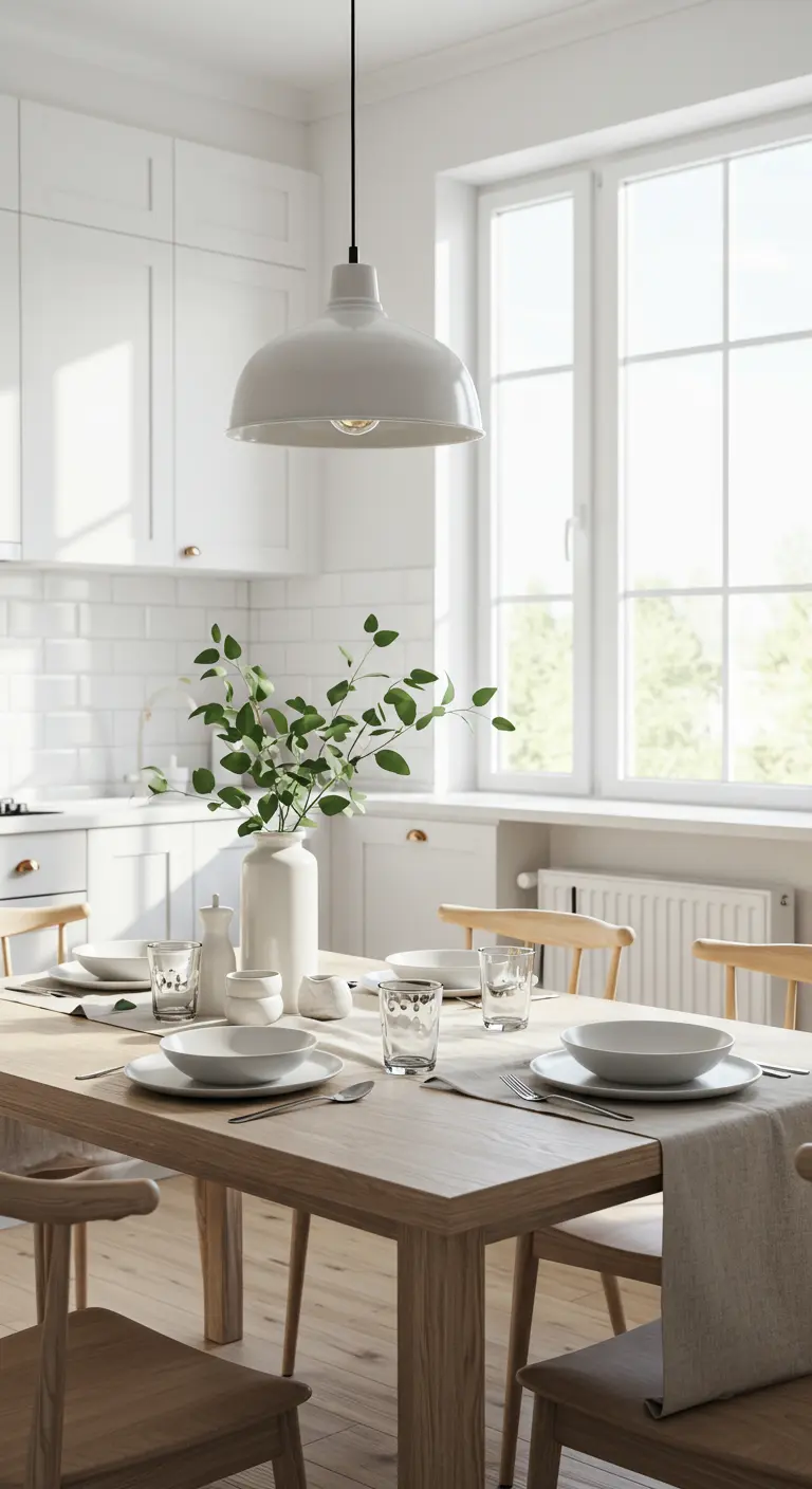 Lichte Scandinavische keuken met houten eettafel en wit servies.